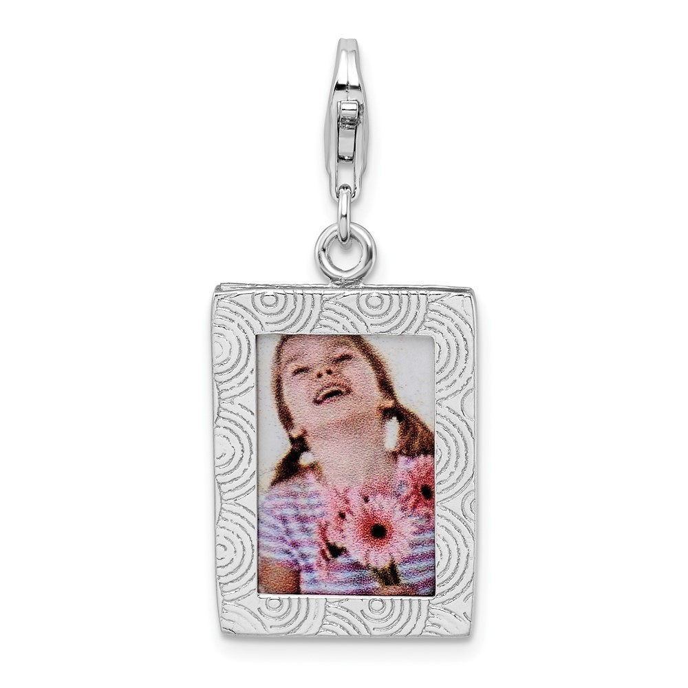 Sterling Silver Polished Picture Frame Bracelet Charm with Fancy Lobster Clasp